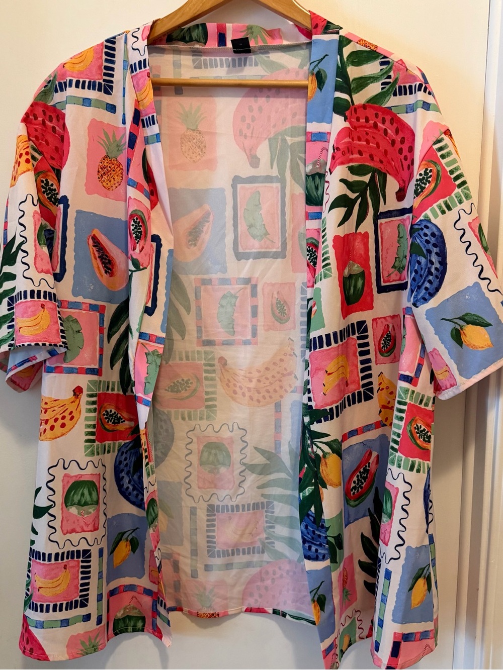 SHEIN Pink Multicolor Tropical Fruit Open Front Women’s Shirt/Kimono
